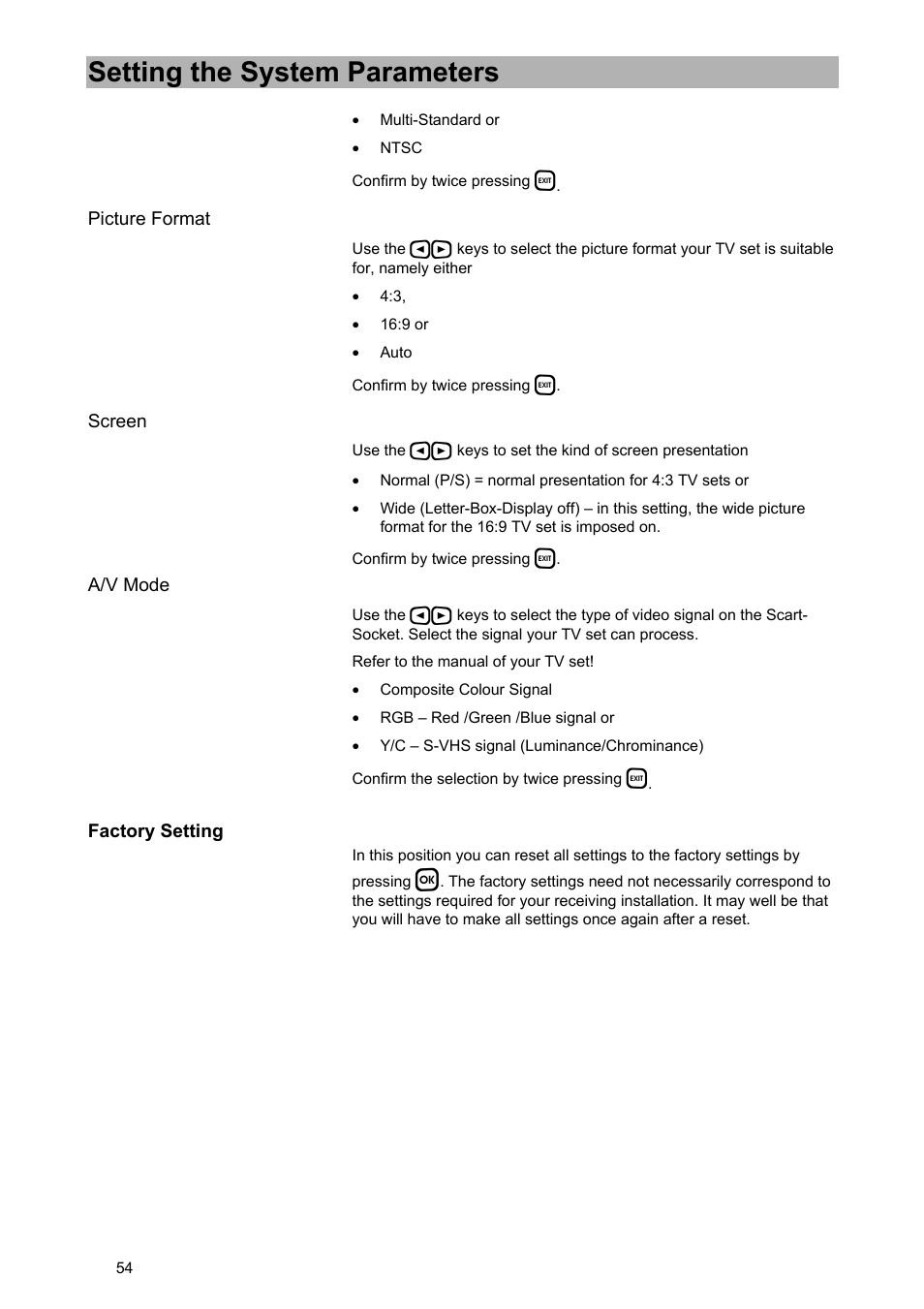 Setting the system parameters | Kathrein UFD 574/S User Manual | Page 54 / 64