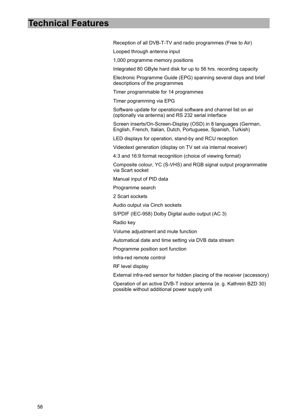 Technical features | Kathrein UFD 574/S User Manual | Page 58 / 64