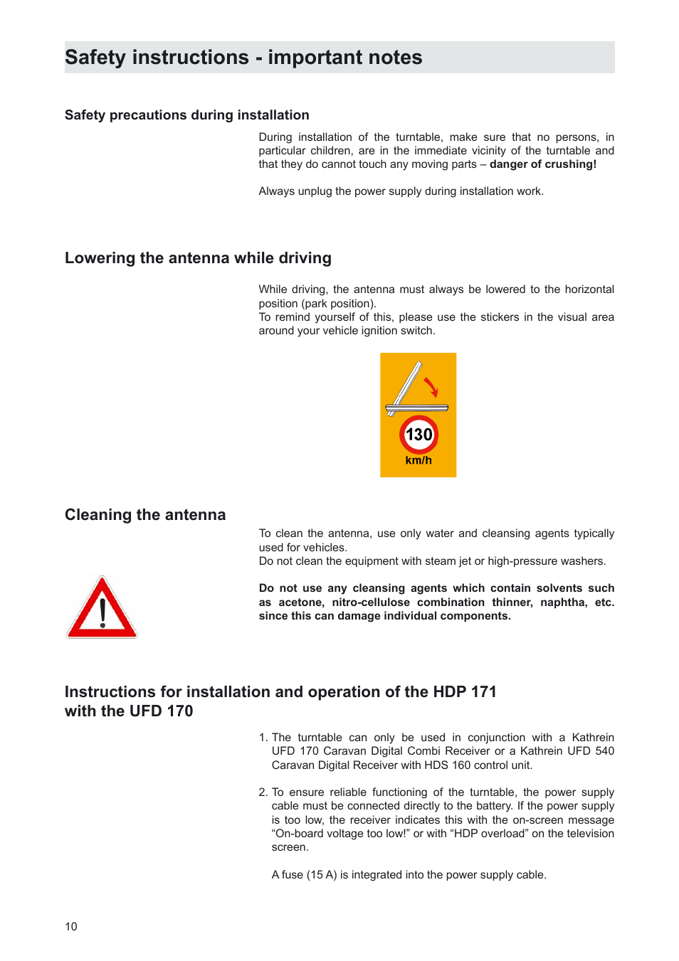 Lowering the antenna while driving, Cleaning the antenna | Kathrein MobiSet 3 CAP 310 User Manual | Page 10 / 36