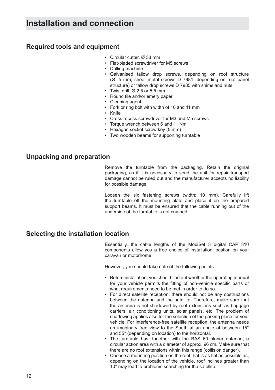 Installation and connection, Required tools and equipment, Unpacking and preparation | Selecting the installation location | Kathrein MobiSet 3 CAP 310 User Manual | Page 12 / 36