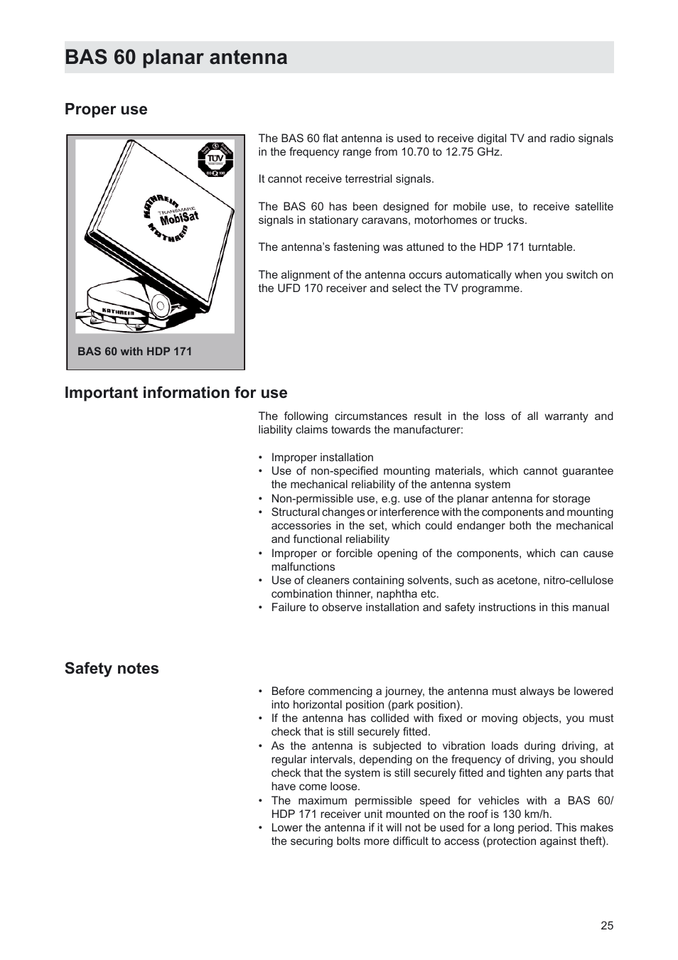 Bas 60 planar antenna, Proper use, Important information for use | Kathrein MobiSet 3 CAP 310 User Manual | Page 25 / 36