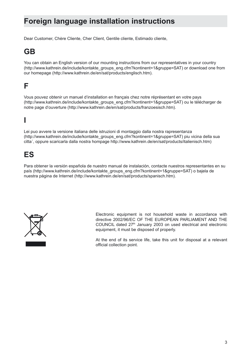 Foreign language installation instructions | Kathrein MobiSet 3 CAP 310 User Manual | Page 3 / 36