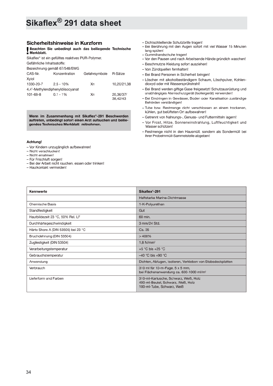 Sikaflex® 291 data sheet, Sikafl ex, 291 data sheet | Kathrein MobiSet 3 CAP 310 User Manual | Page 34 / 36