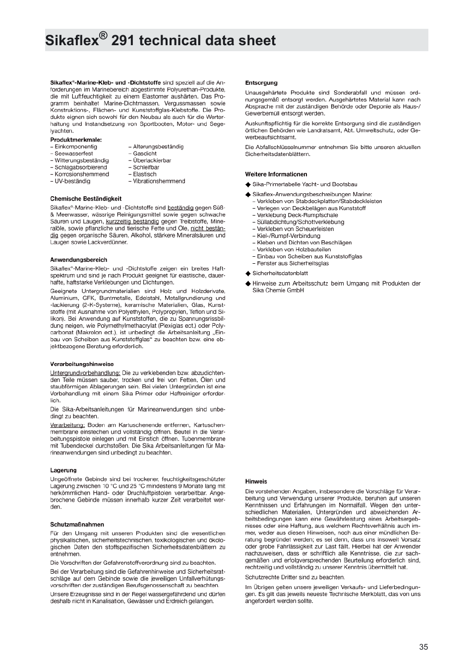 Sikaflex® 291 technical data sheet, Sikafl ex, 291 technical data sheet | Kathrein MobiSet 3 CAP 310 User Manual | Page 35 / 36