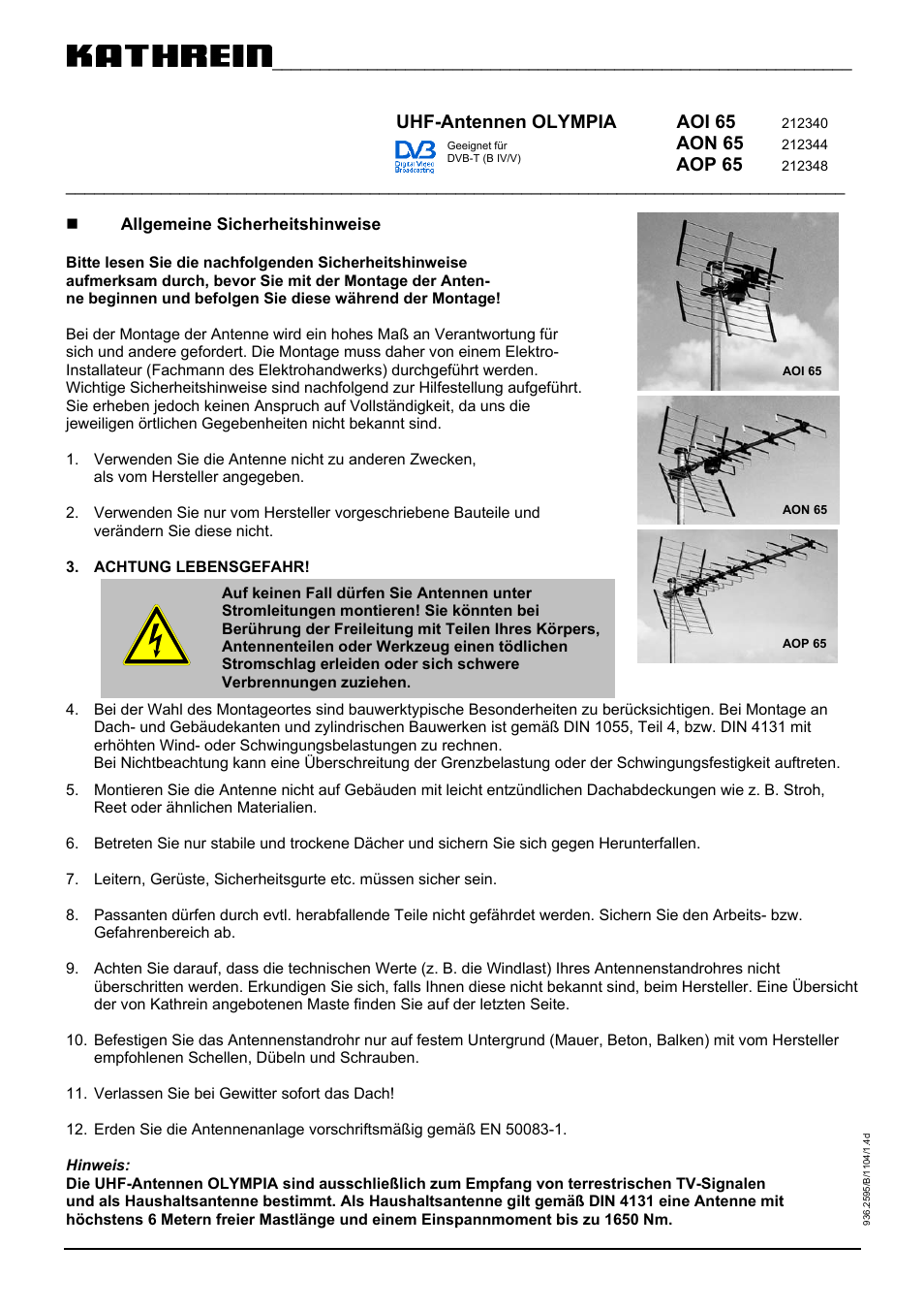 Kathrein UHF-ANTENNEN OLYMPIA AOI 65 User Manual | 12 pages