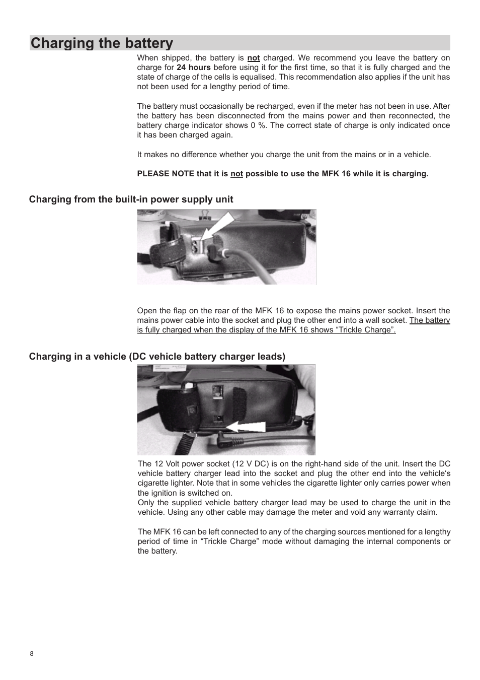 Charging the battery, Battery, Dc vehicle battery charger leads) | Kathrein MFK 16 User Manual | Page 8 / 16