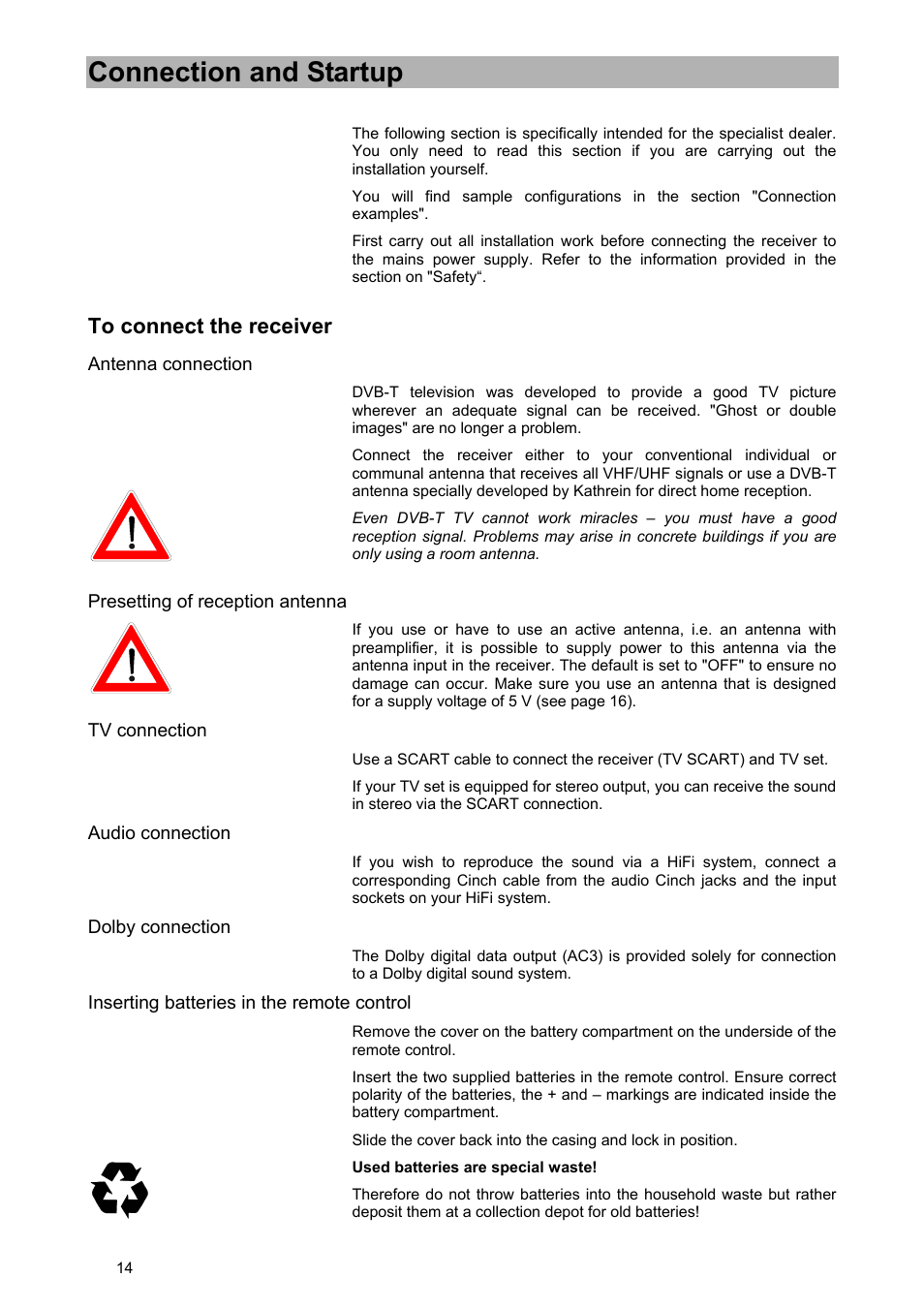 Connection and startup | Kathrein UFD 570/S User Manual | Page 14 / 64