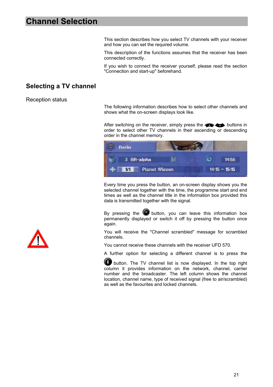 Channel selection, Selecting a tv channel | Kathrein UFD 570/S User Manual | Page 21 / 64