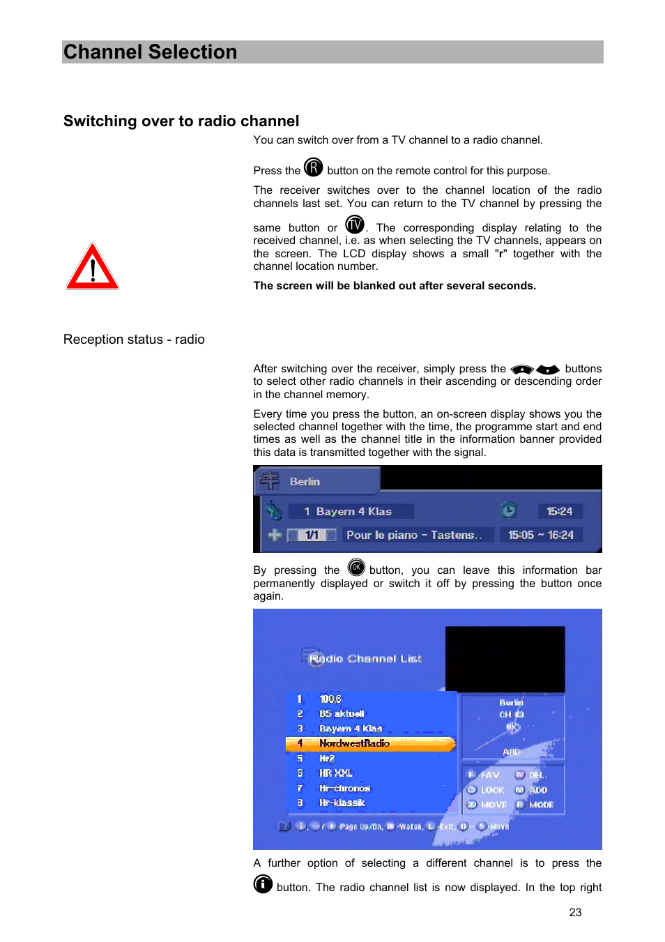 Channel selection, Switching over to radio channel | Kathrein UFD 570/S User Manual | Page 23 / 64
