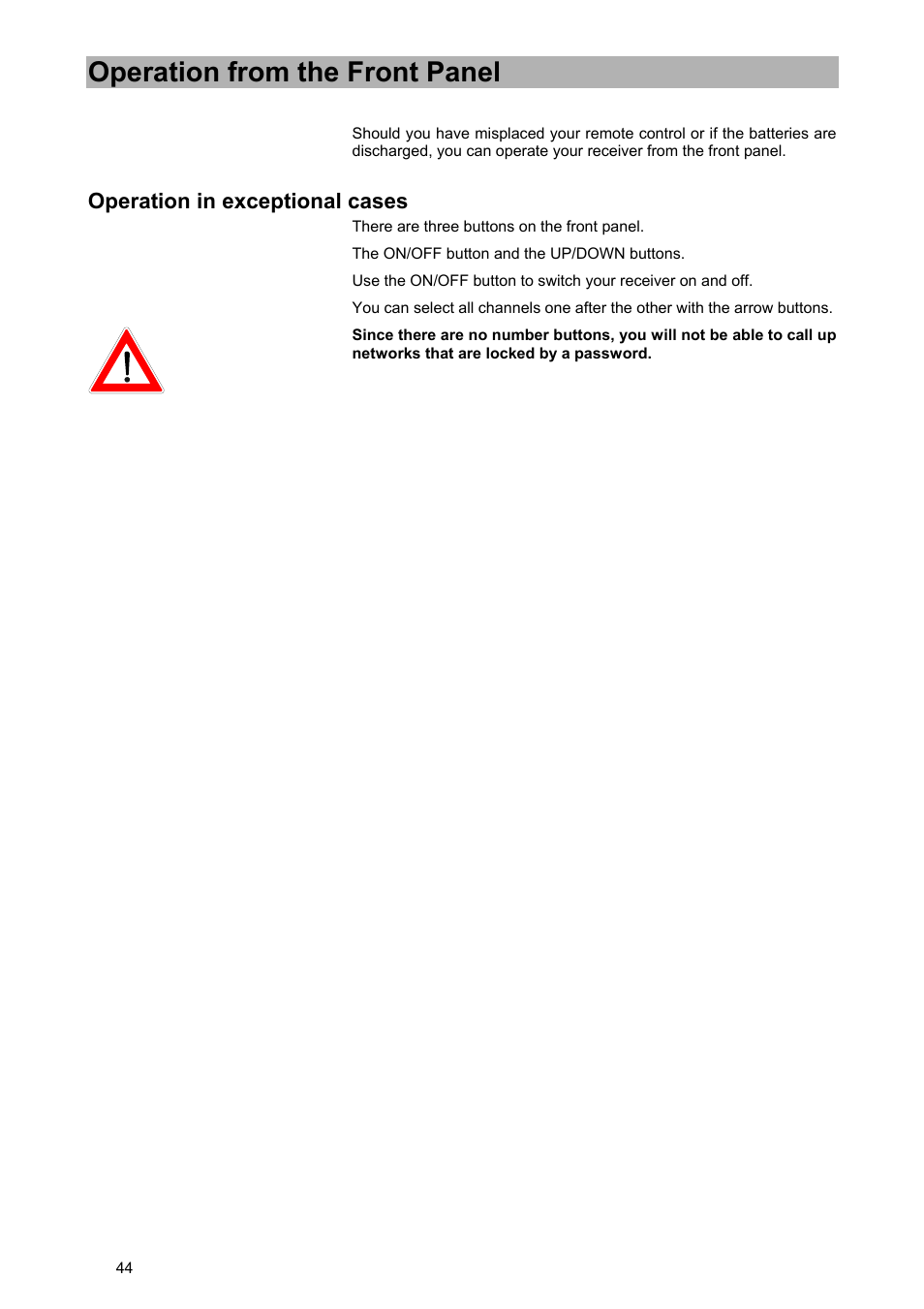 Operation from the front panel, Operation in exceptional cases | Kathrein UFD 570/S User Manual | Page 44 / 64