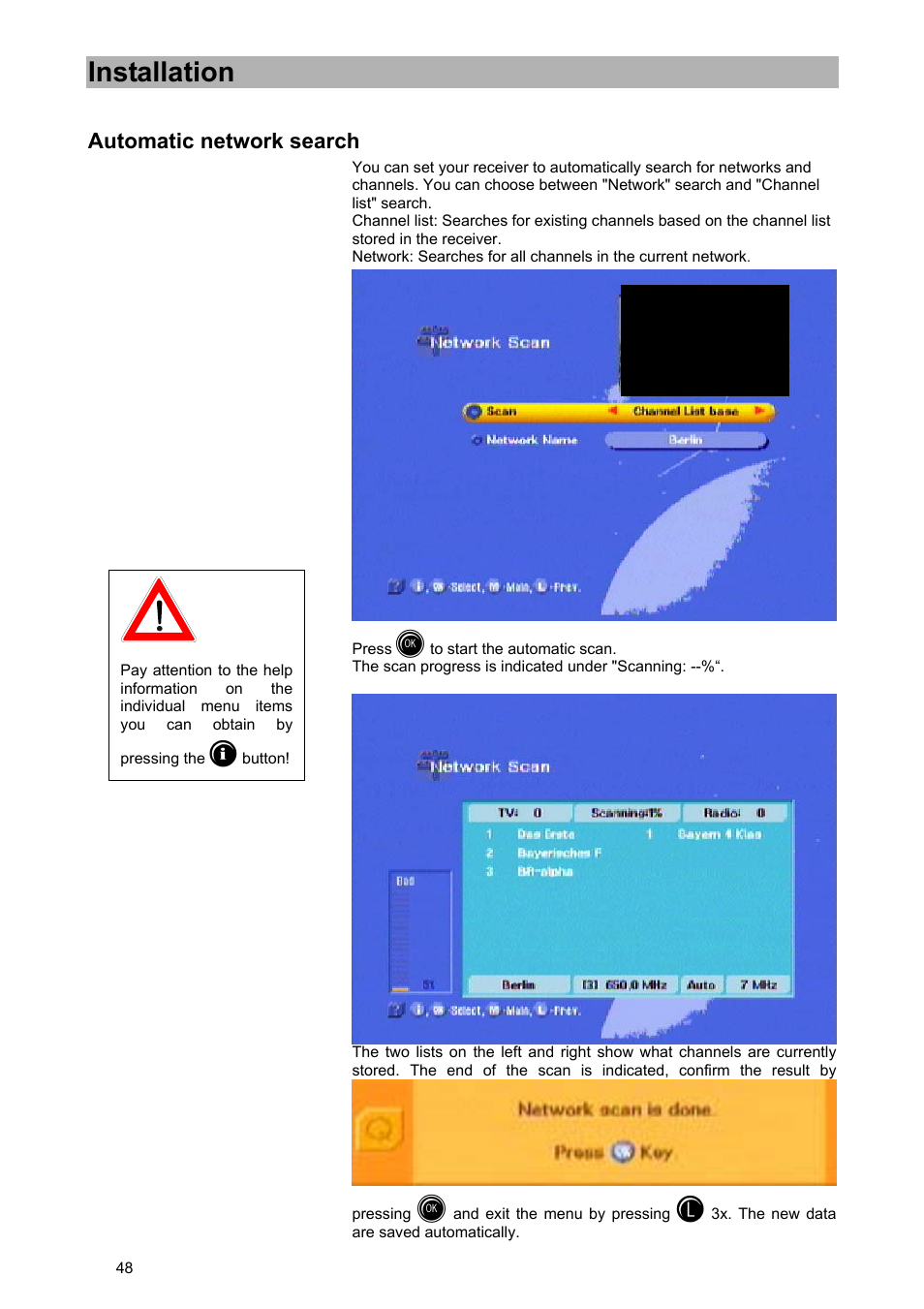 Installation, Automatic network search | Kathrein UFD 570/S User Manual | Page 48 / 64