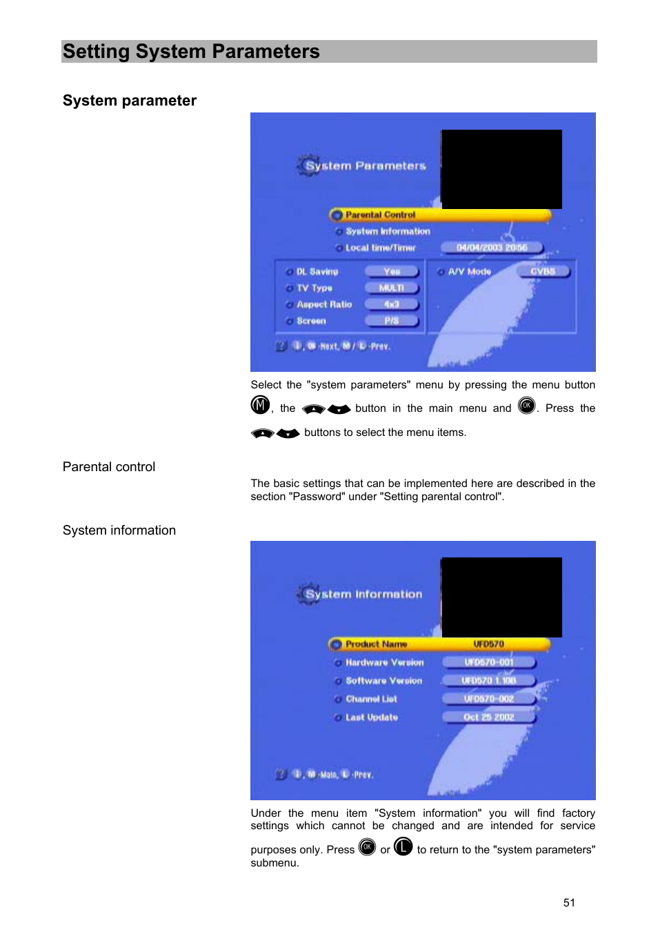 Setting system parameters | Kathrein UFD 570/S User Manual | Page 51 / 64