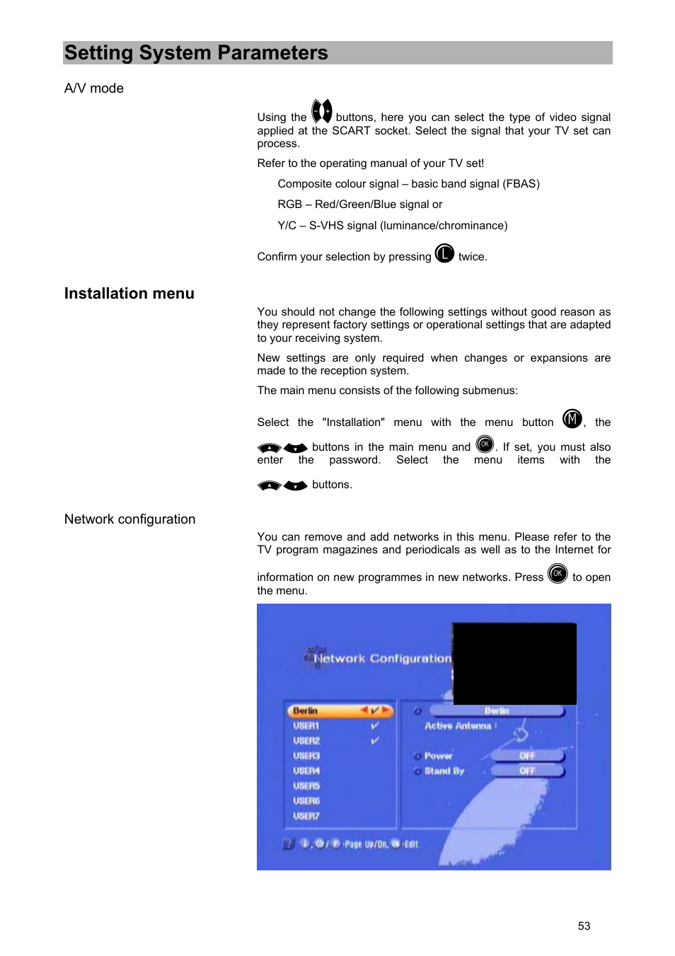 Setting system parameters, Installation menu | Kathrein UFD 570/S User Manual | Page 53 / 64
