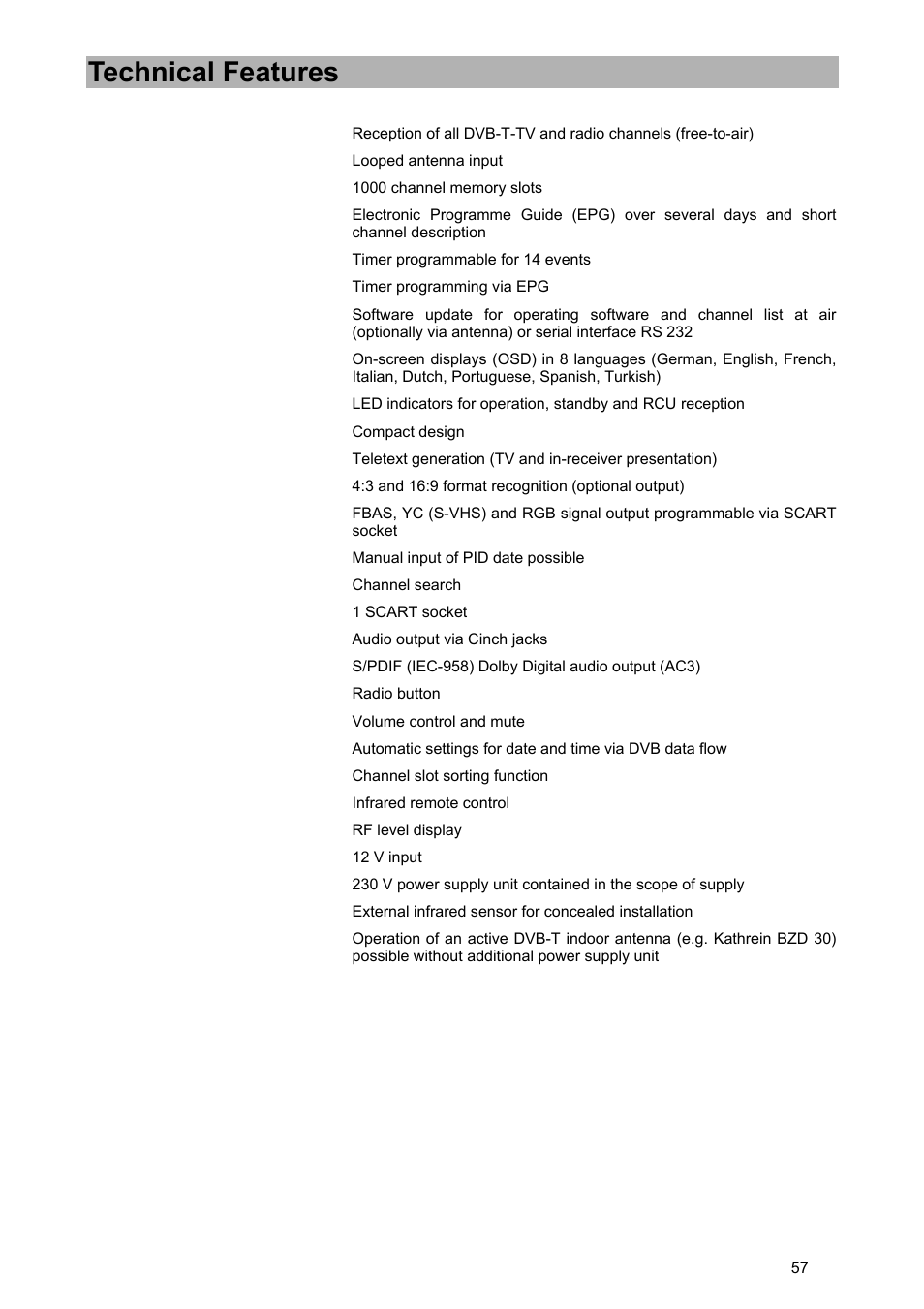 Technical features | Kathrein UFD 570/S User Manual | Page 57 / 64