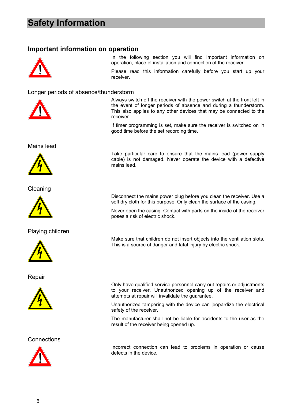 Safety information, Important information on operation | Kathrein UFD 570/S User Manual | Page 6 / 64