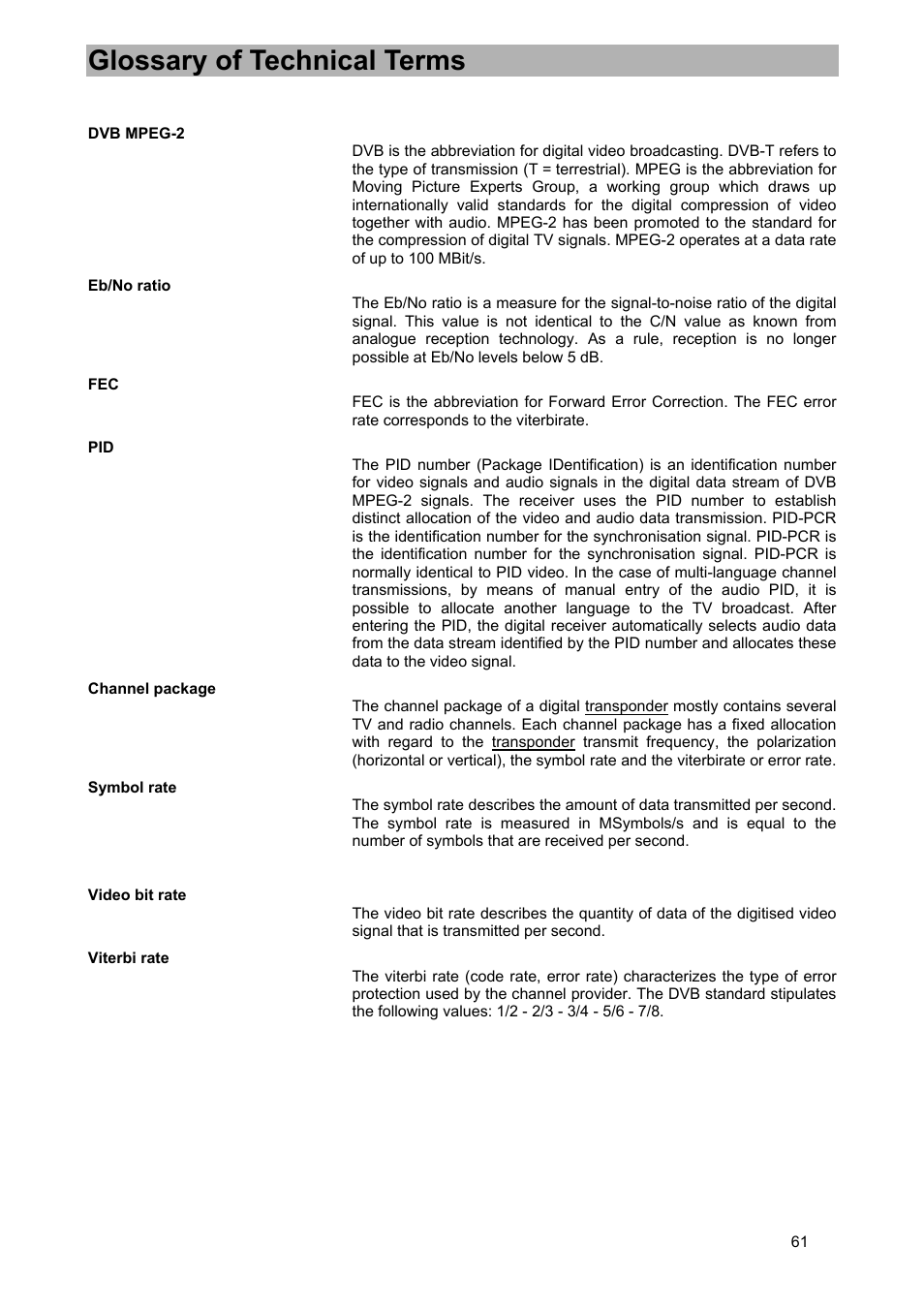 Glossary of technical terms | Kathrein UFD 570/S User Manual | Page 61 / 64