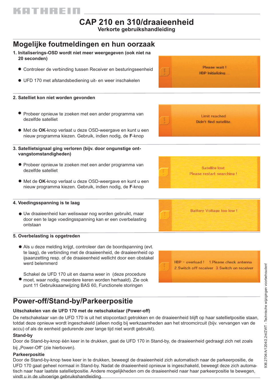 Mogelijke foutmeldingen en hun oorzaak, Power-off/stand-by/parkeerpositie | Kathrein 310 User Manual | Page 12 / 16