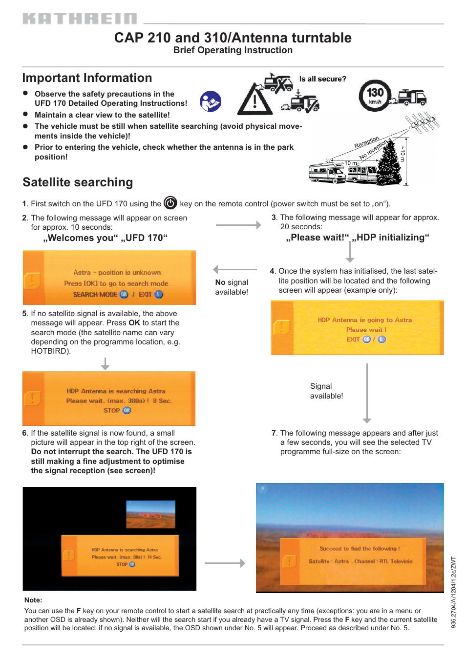 Satellite searching important information | Kathrein 310 User Manual | Page 3 / 16