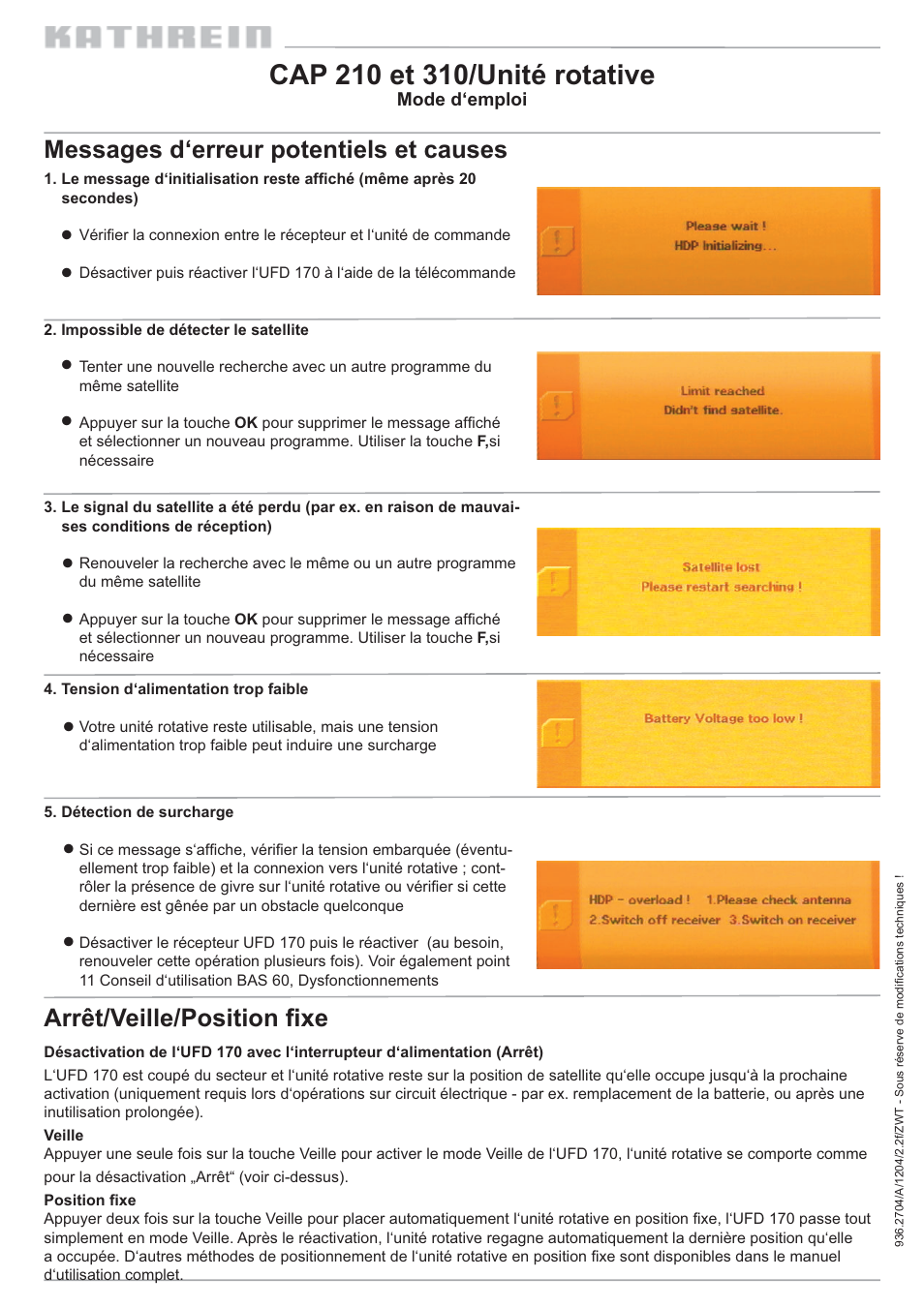 Messages d‘erreur potentiels et causes, Arrêt/veille/position ﬁ xe | Kathrein 310 User Manual | Page 6 / 16