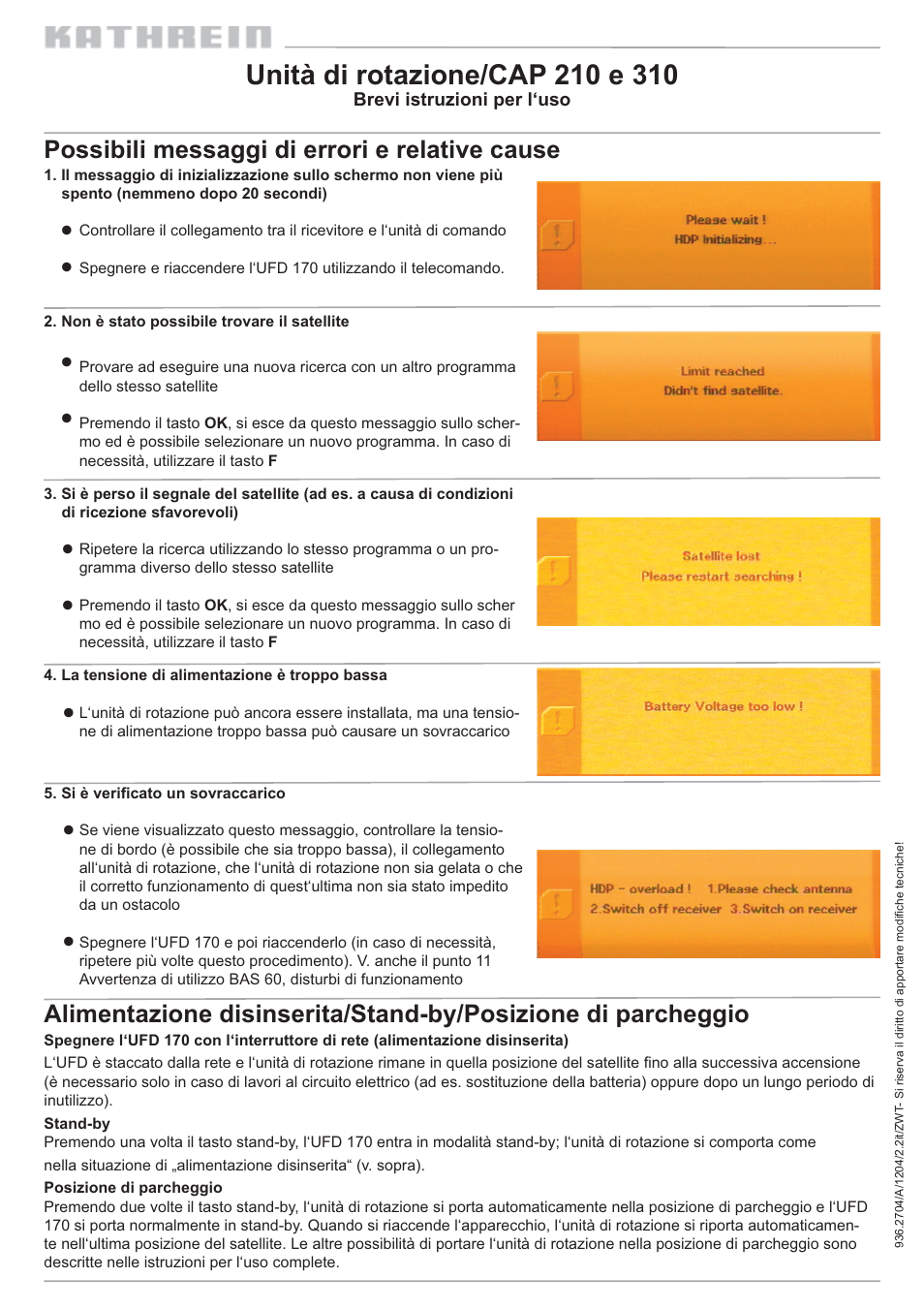 Possibili messaggi di errori e relative cause | Kathrein 310 User Manual | Page 8 / 16