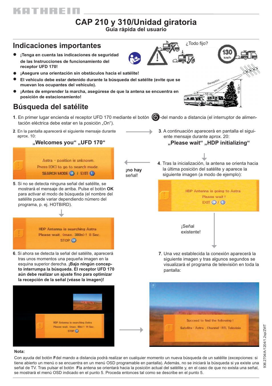 Búsqueda del satélite indicaciones importantes | Kathrein 310 User Manual | Page 9 / 16