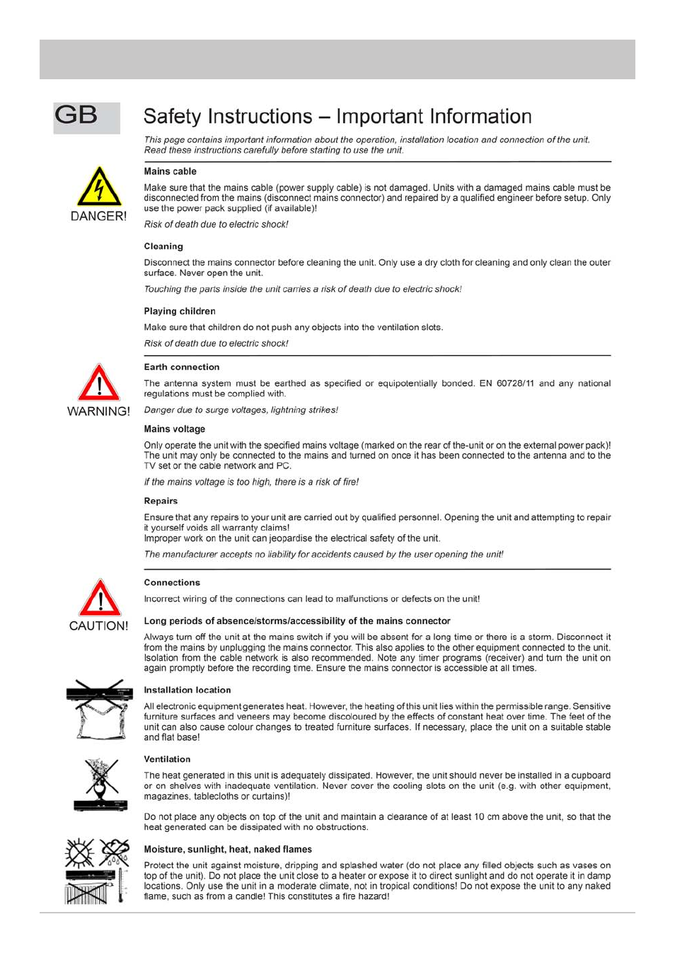 Safety instructions - important notes | Kathrein UFS 650sw User Manual | Page 6 / 76