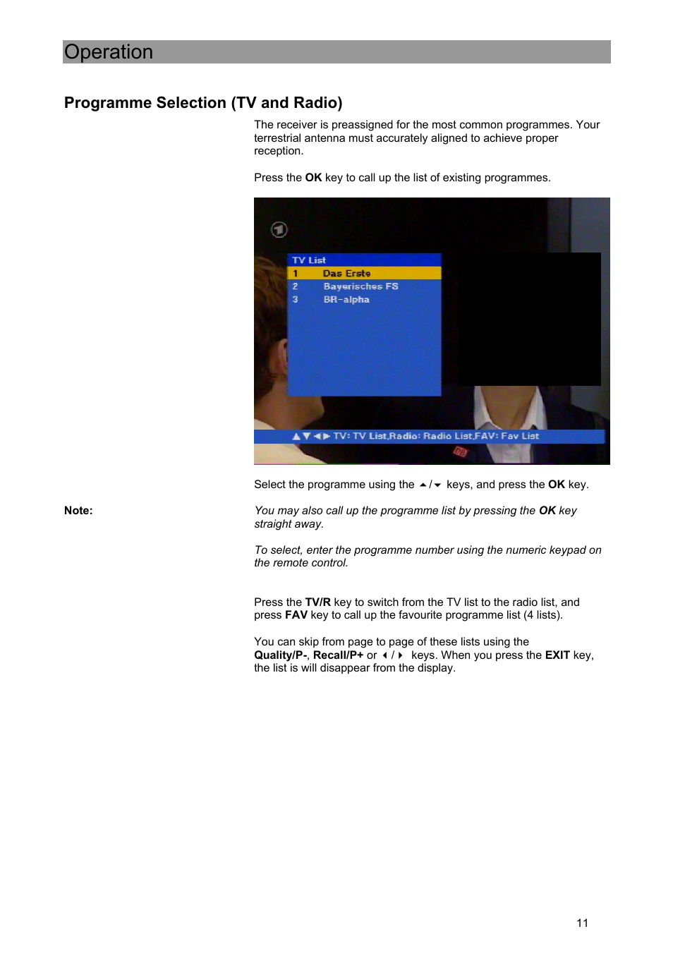 Operation, Programme selection (tv and radio) | Kathrein UFE 371/S User Manual | Page 11 / 36