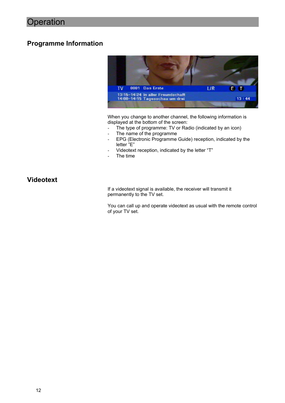 Operation, Programme information, Videotext | Kathrein UFE 371/S User Manual | Page 12 / 36