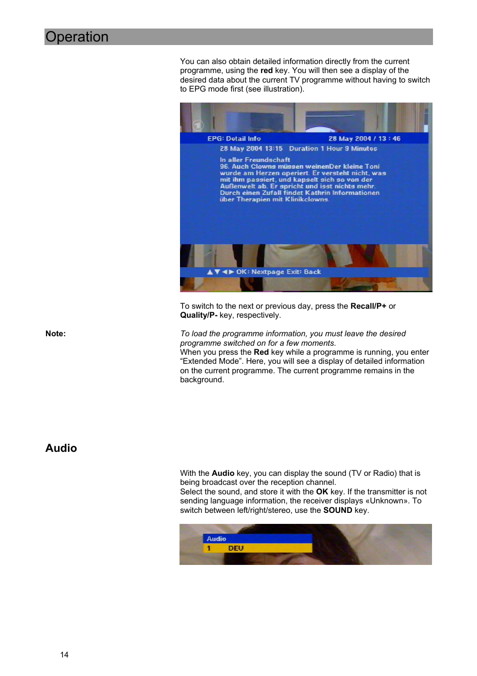 Operation, Audio | Kathrein UFE 371/S User Manual | Page 14 / 36