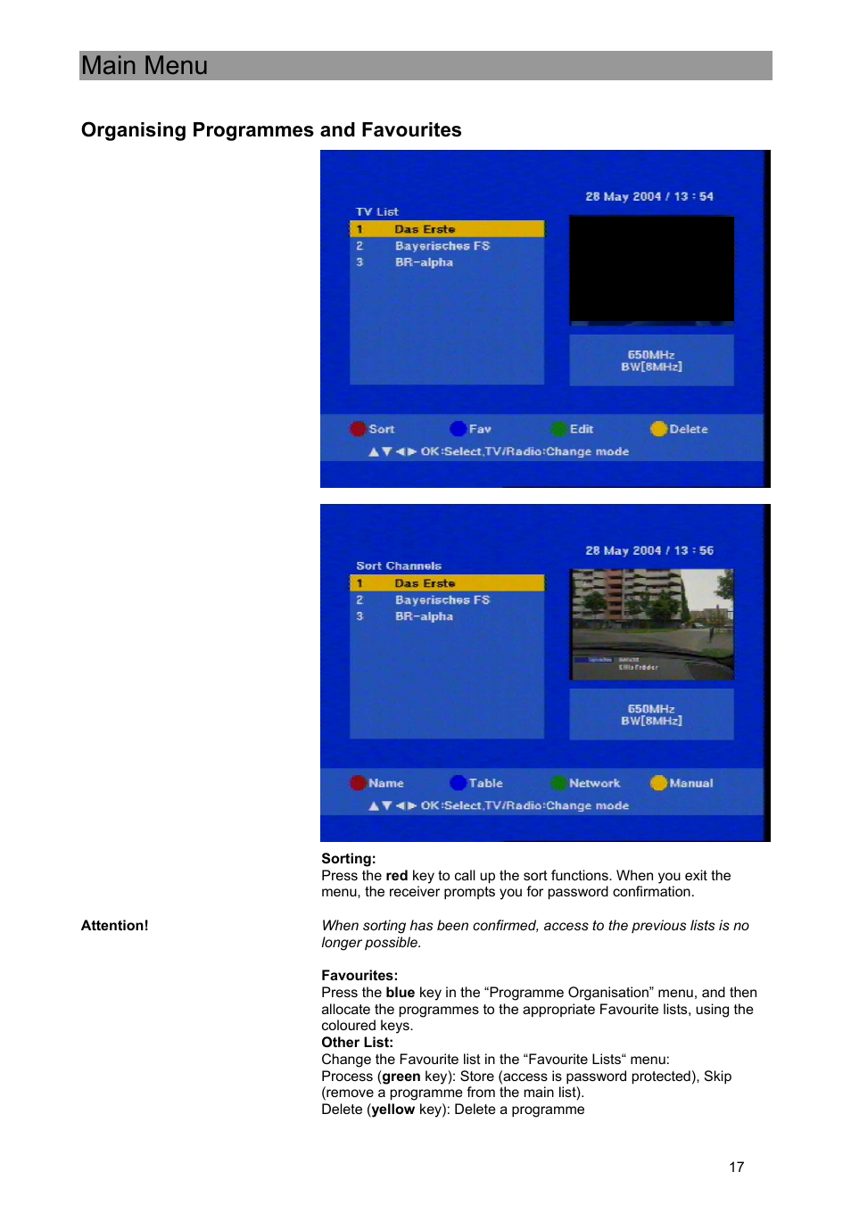 Main menu, Organising programmes and favourites | Kathrein UFE 371/S User Manual | Page 17 / 36