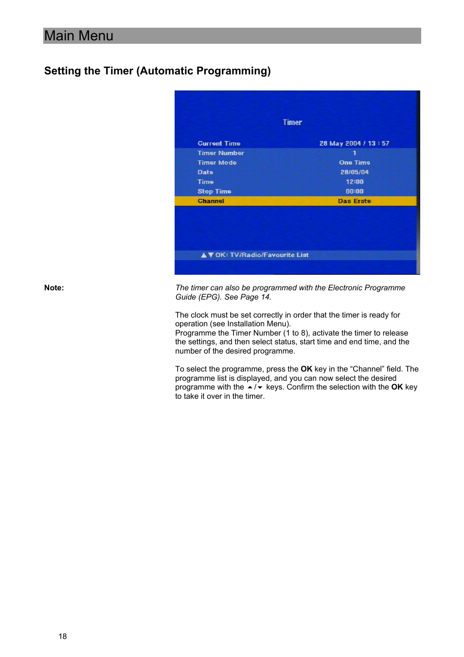 Main menu, Setting the timer (automatic programming) | Kathrein UFE 371/S User Manual | Page 18 / 36