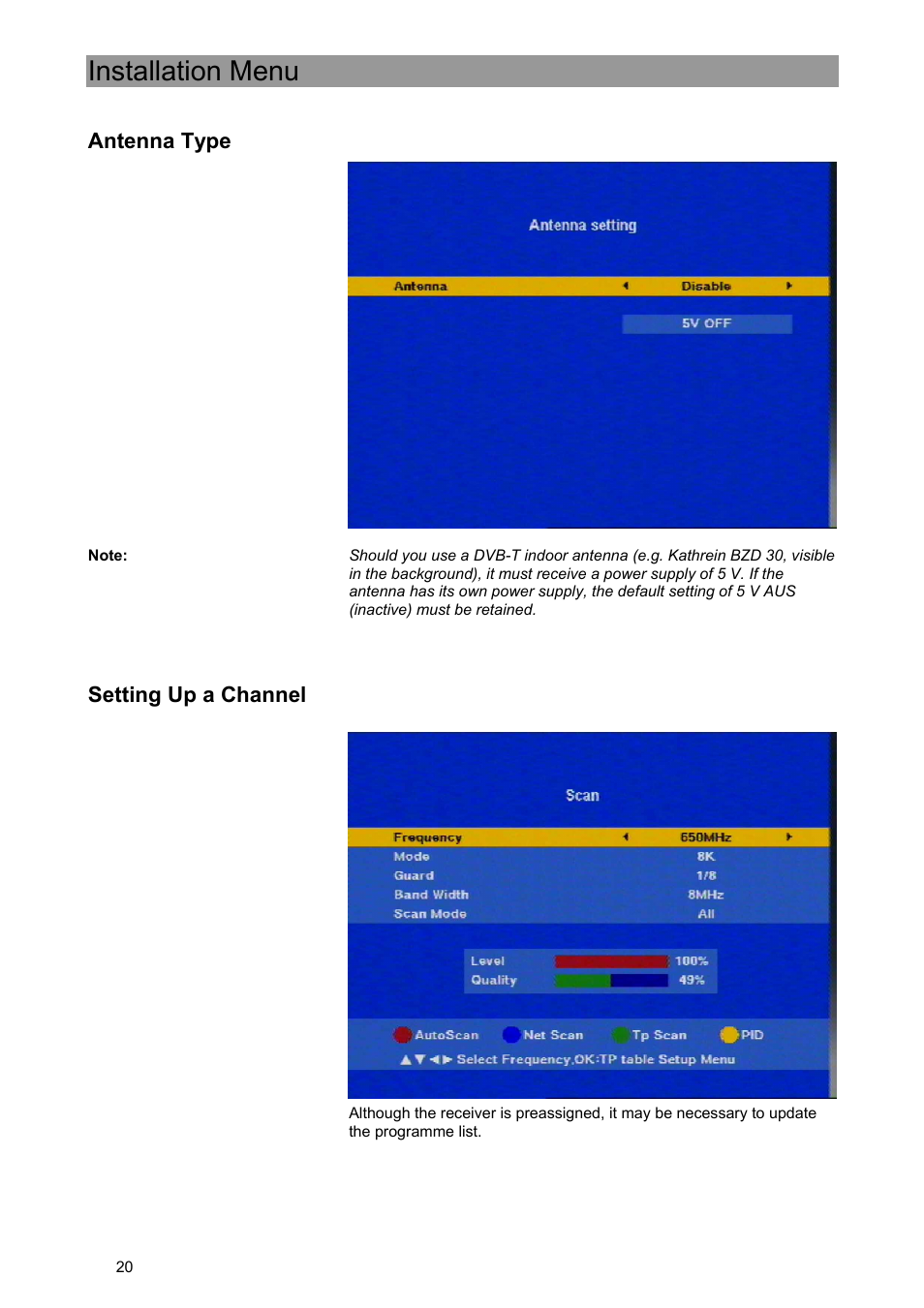 Installation menu, Antenna type, Setting up a channel | Kathrein UFE 371/S User Manual | Page 20 / 36