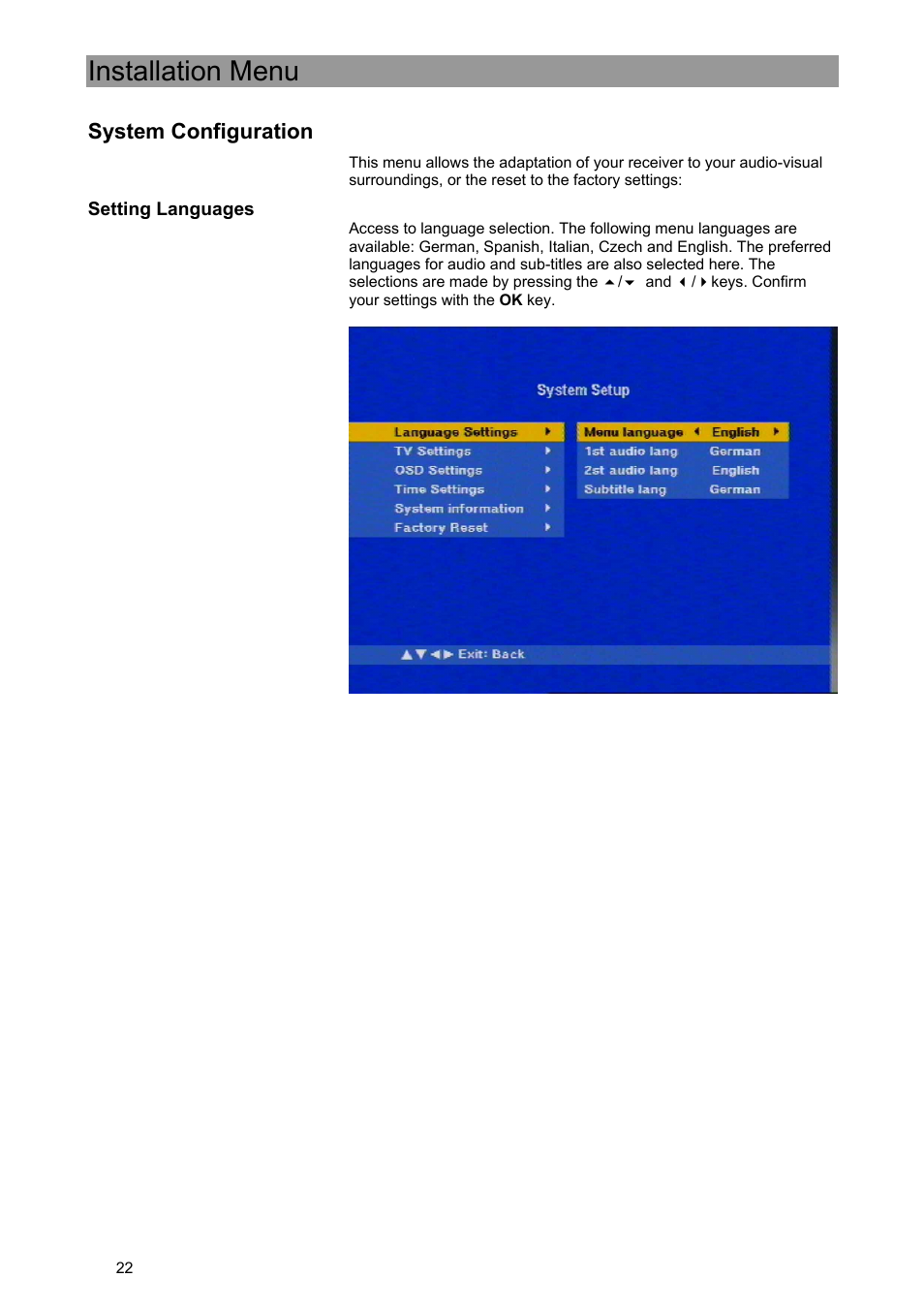 Installation menu, System configuration | Kathrein UFE 371/S User Manual | Page 22 / 36