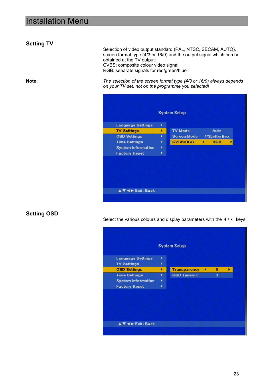 Installation menu | Kathrein UFE 371/S User Manual | Page 23 / 36