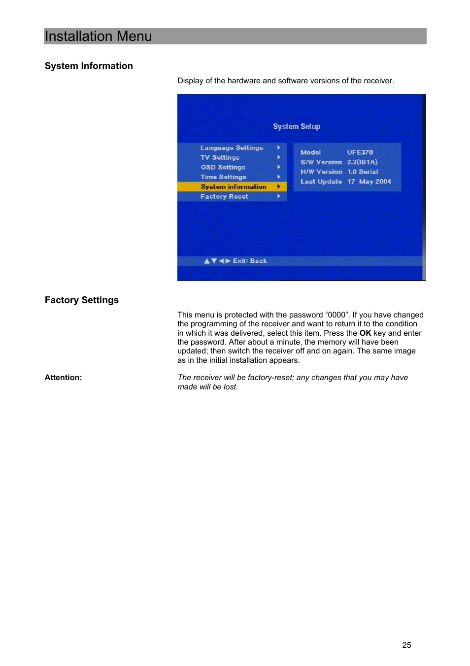 Installation menu | Kathrein UFE 371/S User Manual | Page 25 / 36