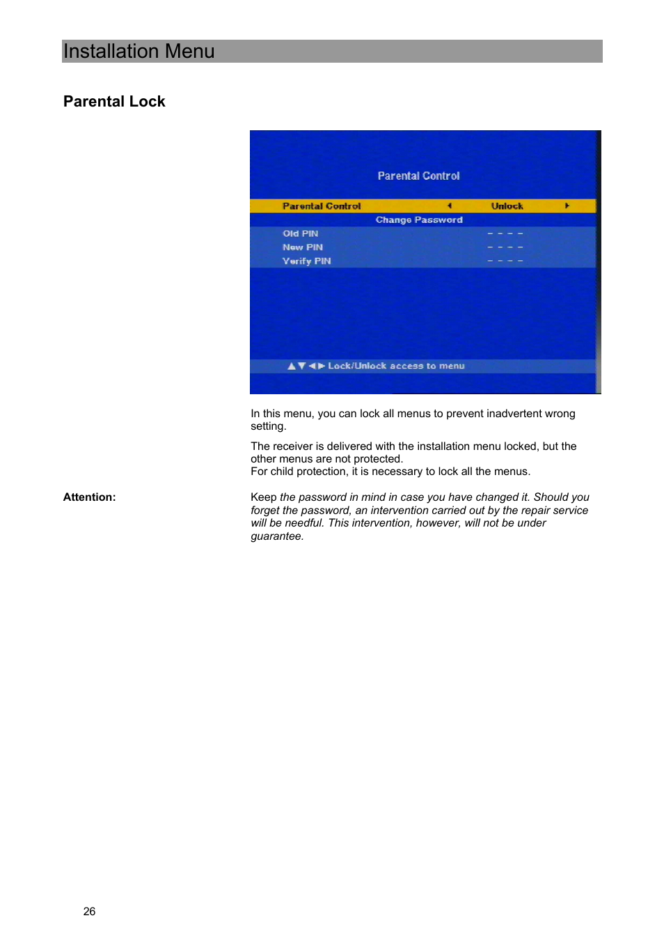 Installation menu, Parental lock | Kathrein UFE 371/S User Manual | Page 26 / 36