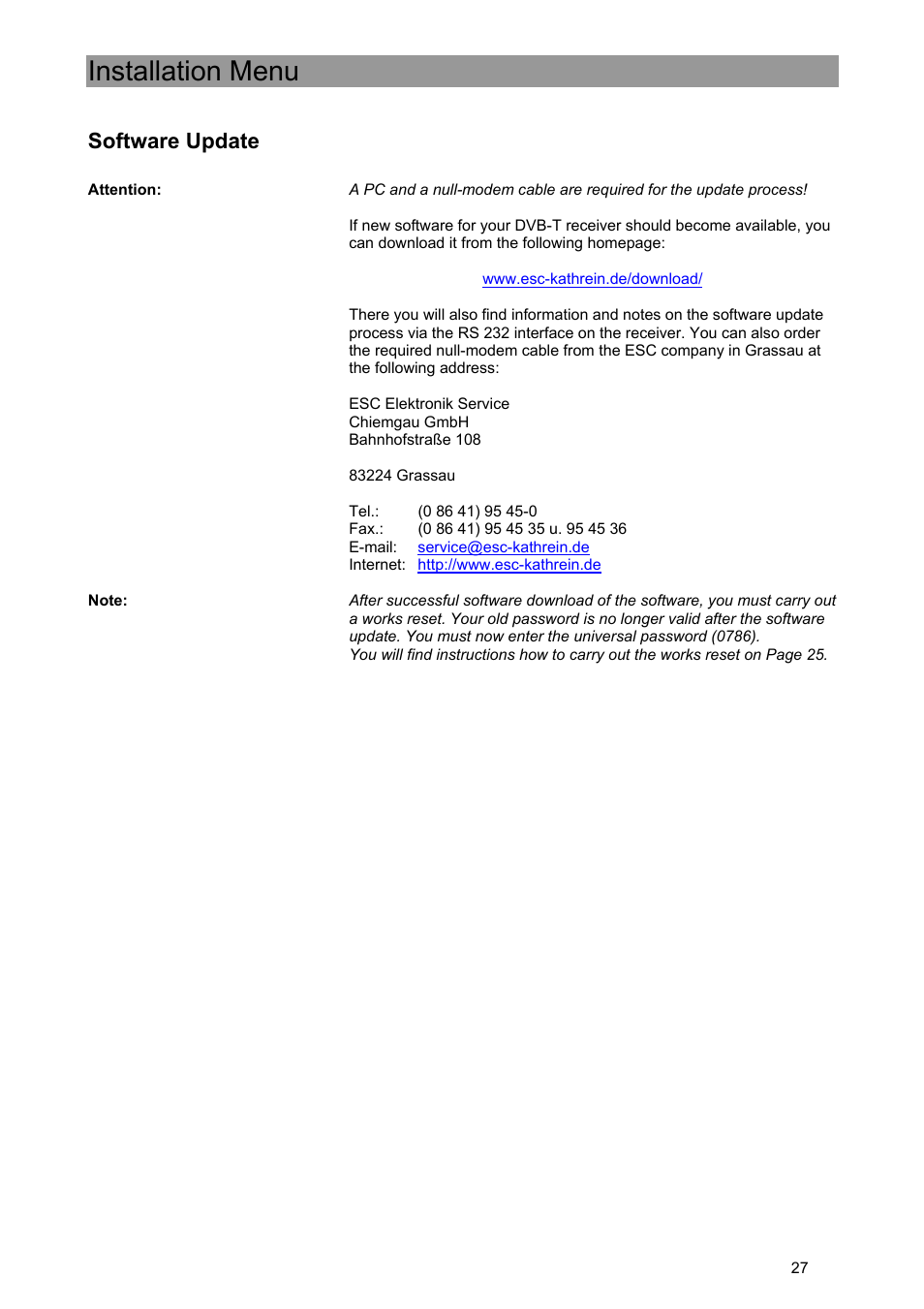Installation menu, Software update | Kathrein UFE 371/S User Manual | Page 27 / 36