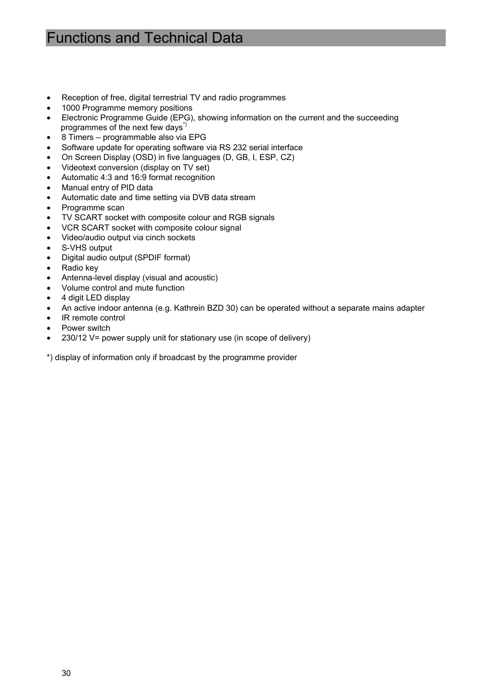 Functions and technical data | Kathrein UFE 371/S User Manual | Page 30 / 36