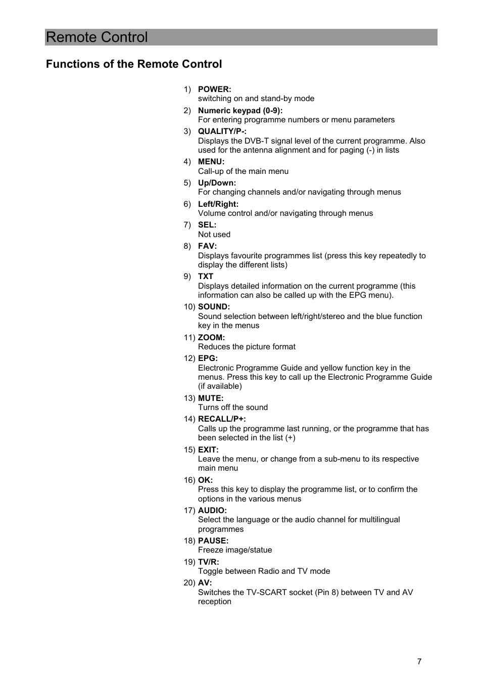 Remote control, Functions of the remote control | Kathrein UFE 371/S User Manual | Page 7 / 36