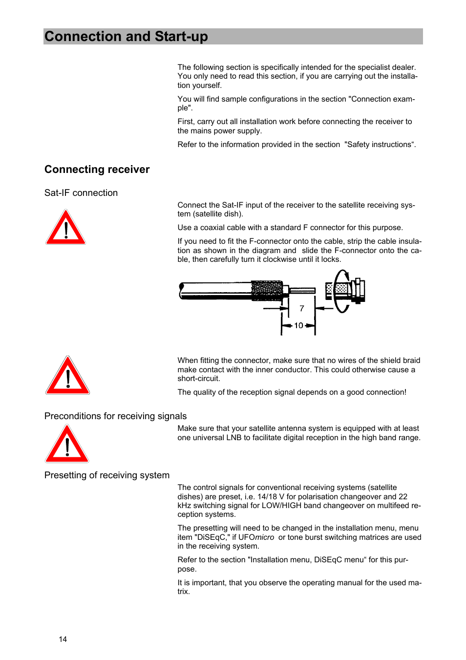 Connection and start-up, Connecting receiver | Kathrein UFD 540 User Manual | Page 14 / 80