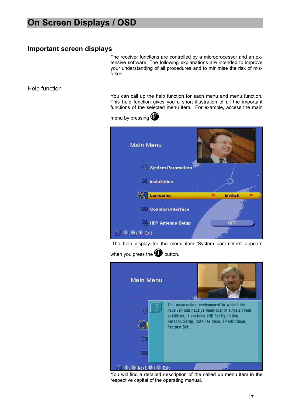 On screen displays / osd, Important screen displays | Kathrein UFD 540 User Manual | Page 17 / 80