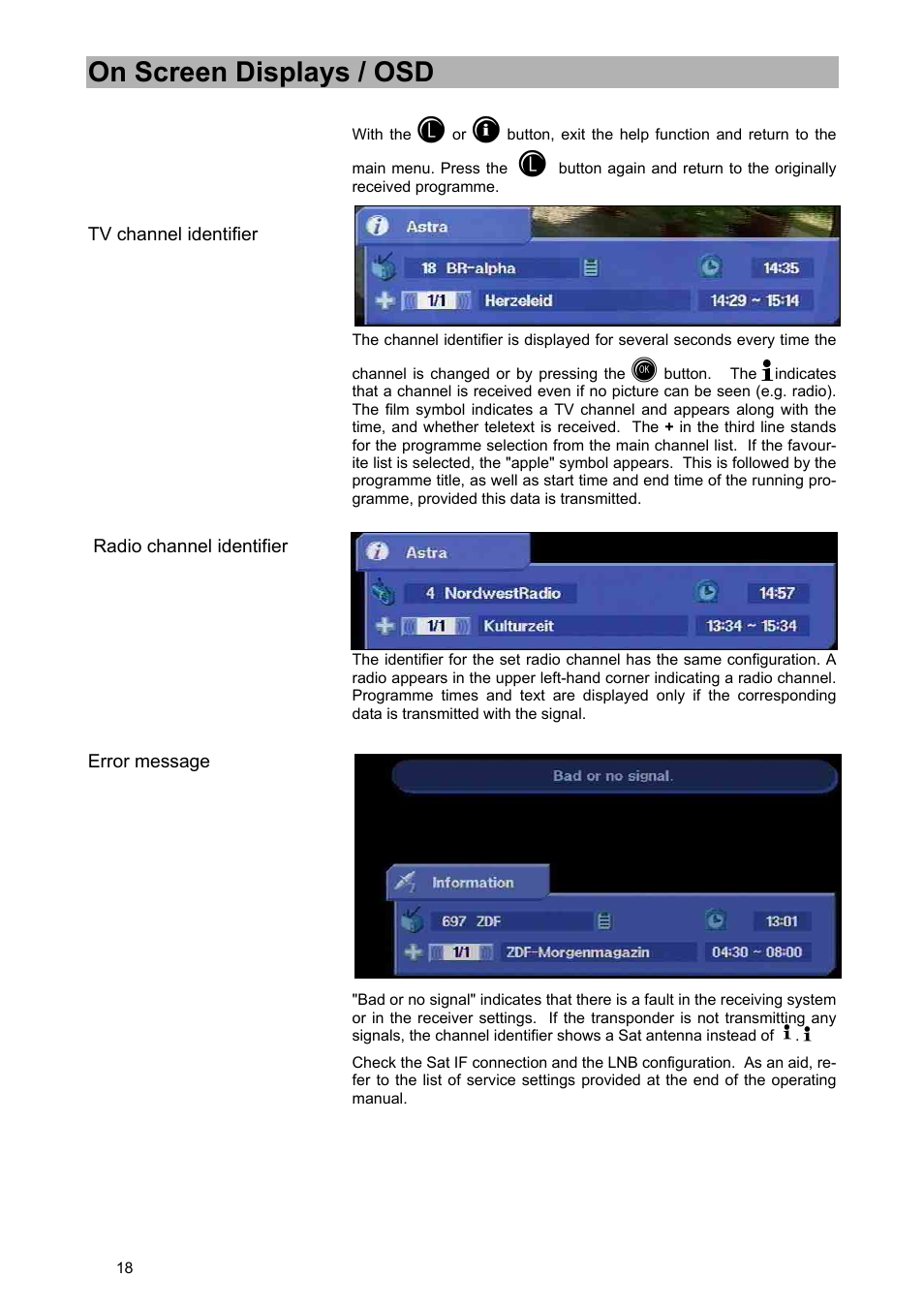 On screen displays / osd | Kathrein UFD 540 User Manual | Page 18 / 80