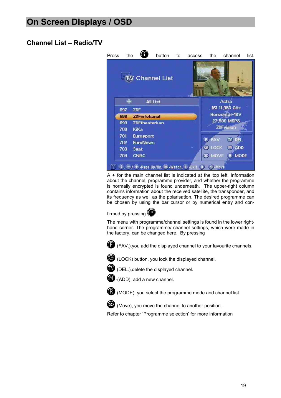 On screen displays / osd | Kathrein UFD 540 User Manual | Page 19 / 80