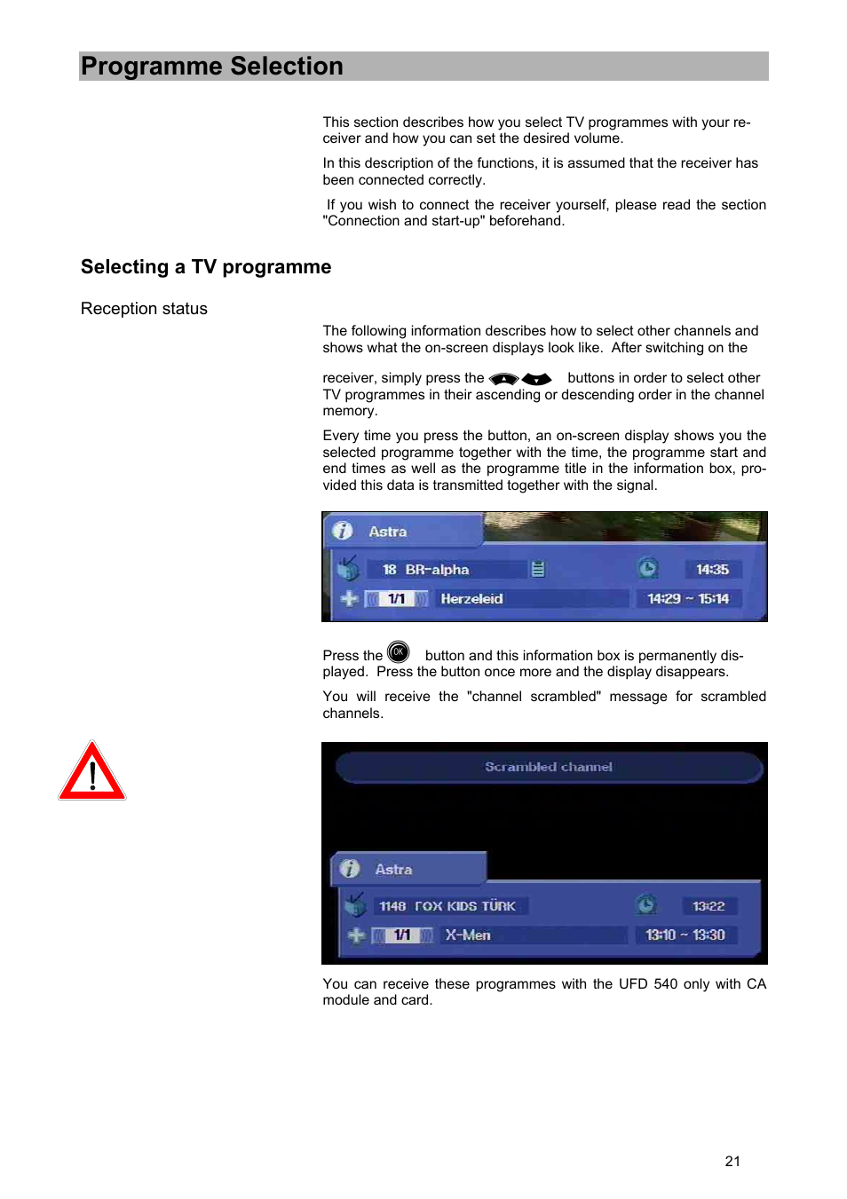 Programme selection, Selecting a tv programme | Kathrein UFD 540 User Manual | Page 21 / 80