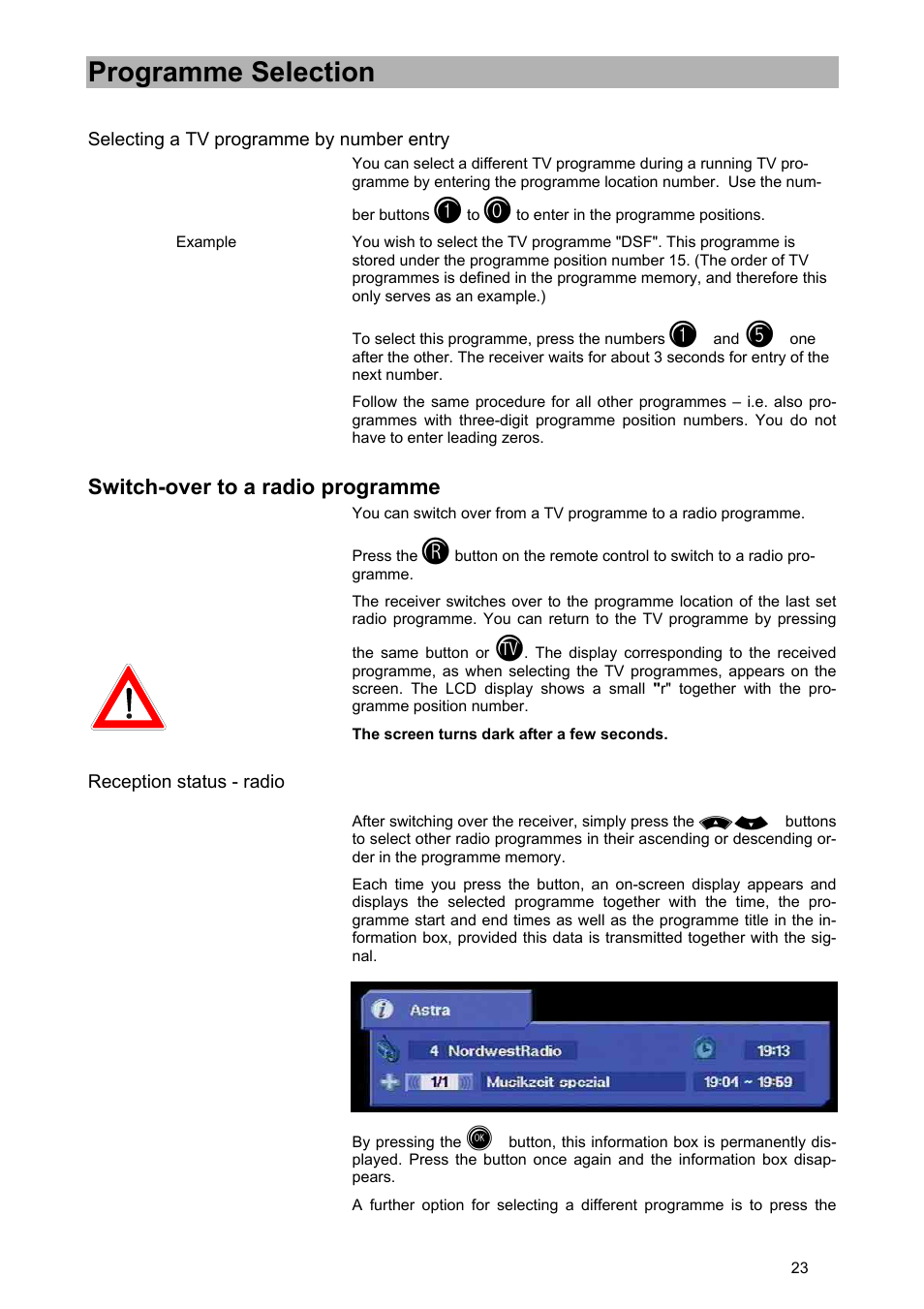 Programme selection, Switch-over to a radio programme | Kathrein UFD 540 User Manual | Page 23 / 80