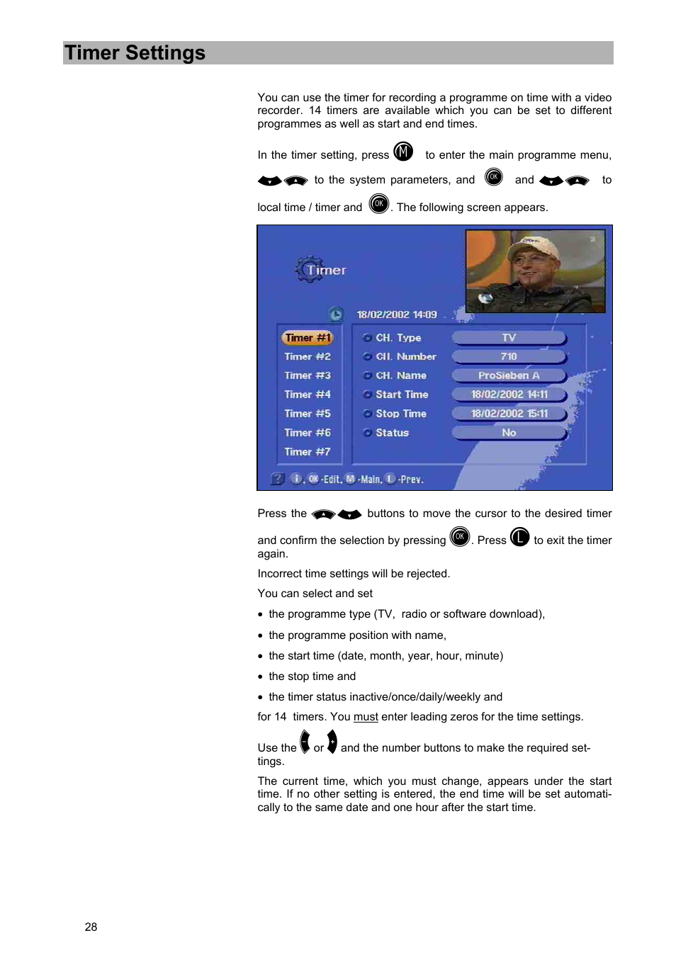 Timer settings | Kathrein UFD 540 User Manual | Page 28 / 80