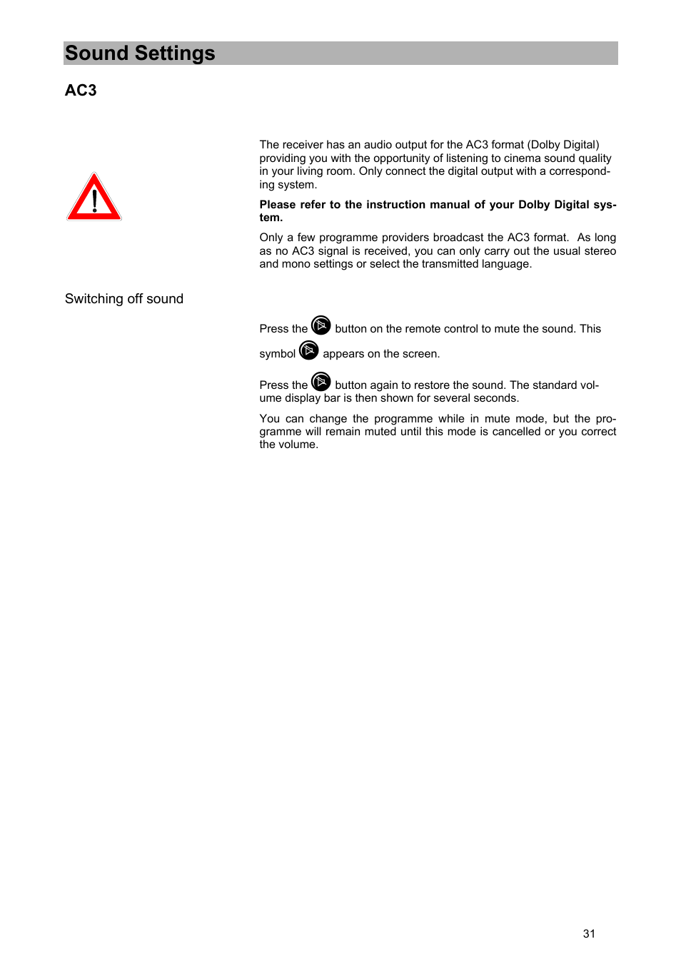 Sound settings | Kathrein UFD 540 User Manual | Page 31 / 80