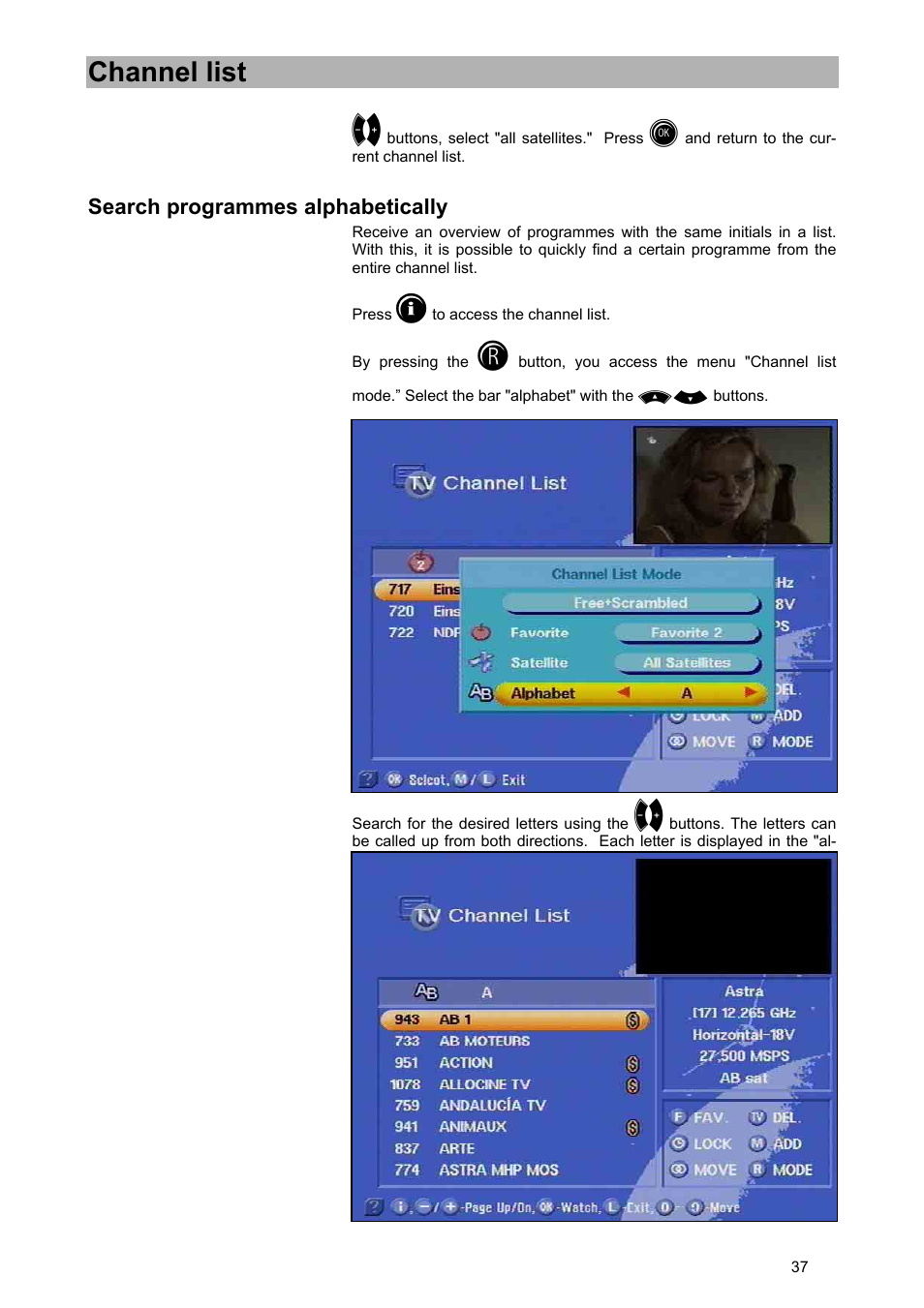 Channel list | Kathrein UFD 540 User Manual | Page 37 / 80