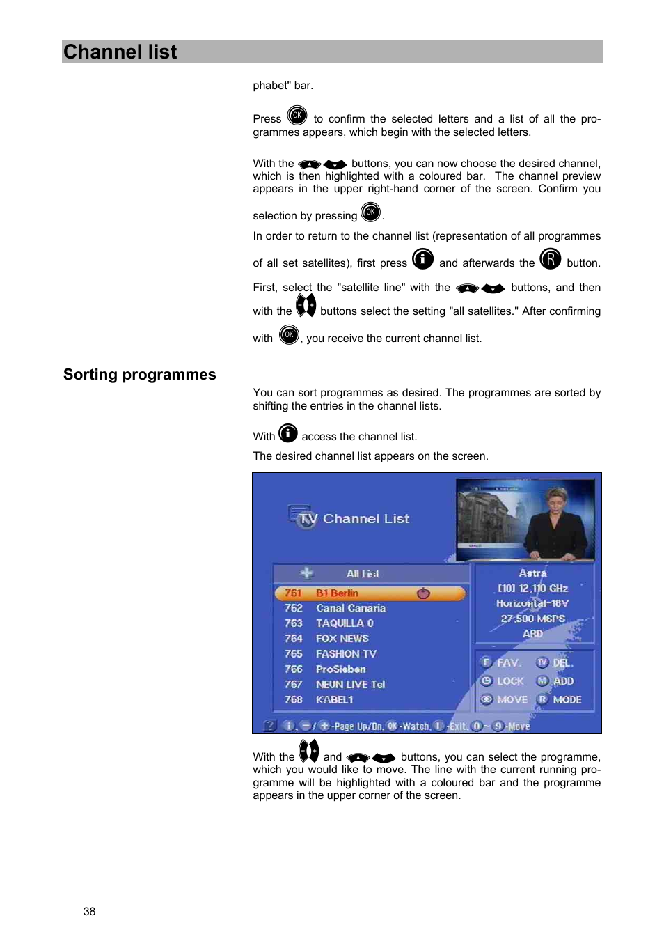 Channel list | Kathrein UFD 540 User Manual | Page 38 / 80