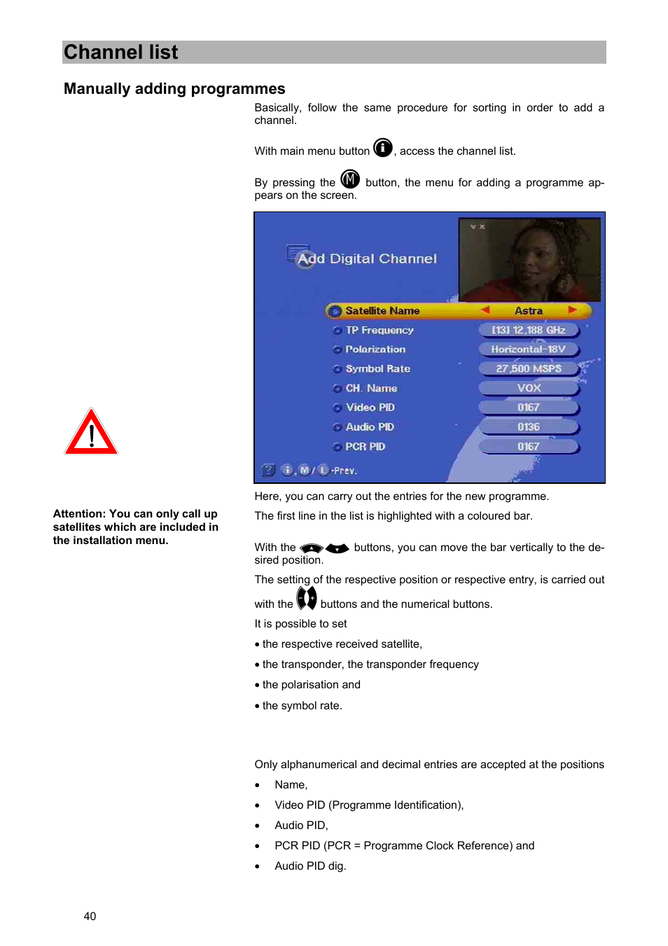Channel list, Manually adding programmes | Kathrein UFD 540 User Manual | Page 40 / 80